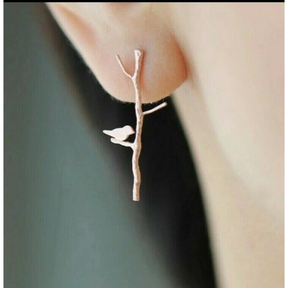 Gold Bird on a Limb Stud Earrings - Picture 3 of 4